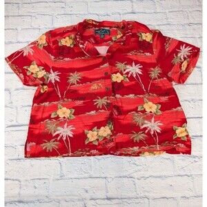Island Traders Hawaiian Antilles Palm Tiki Hut Cropped Button-Up Shirt Size XXL